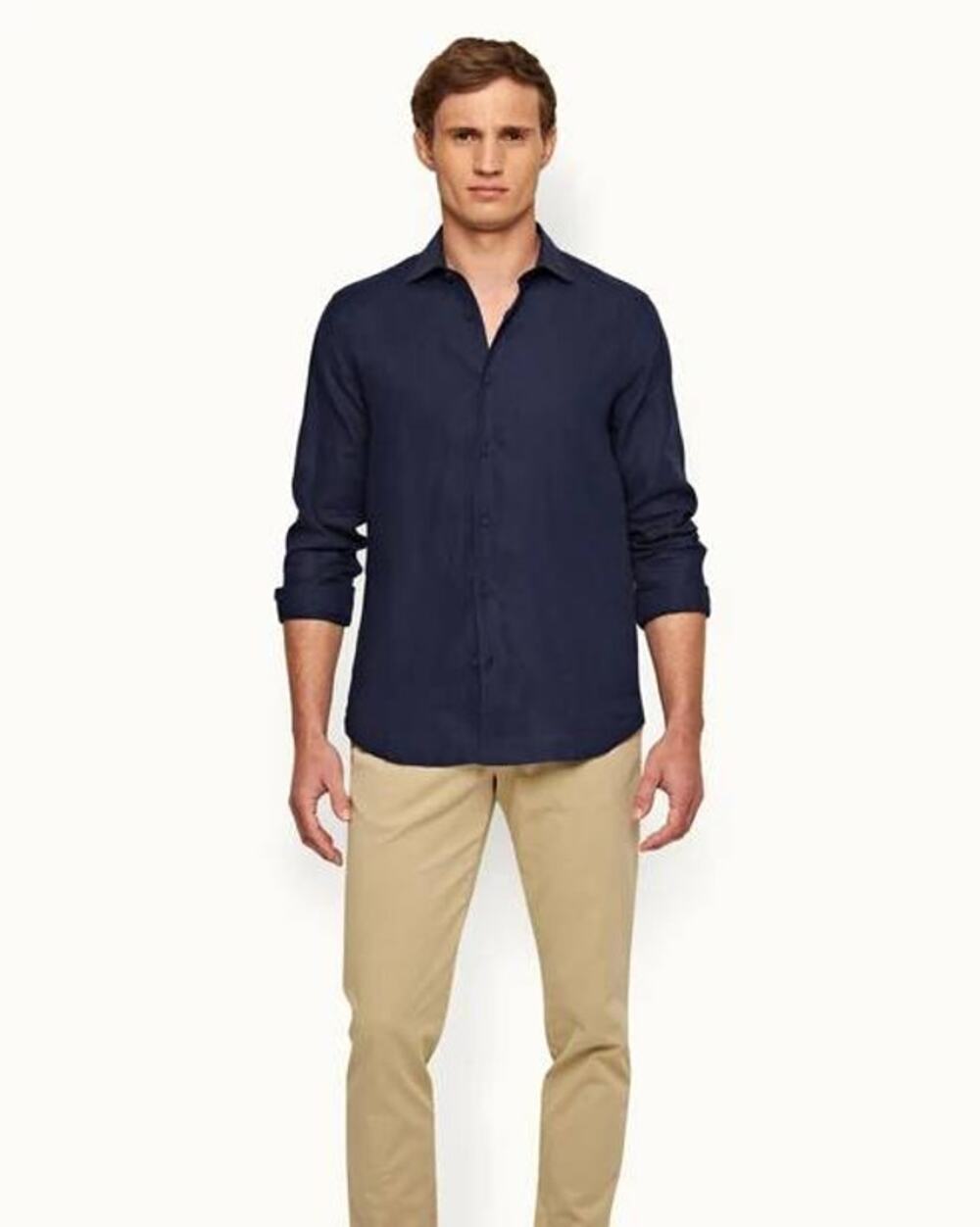 Orlebar Brown Mens Giles Smart Linen Cut Shirt in Navy XXL